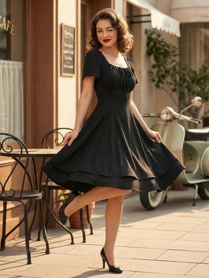 Vintage Square-Neck Midi Dress In Black For Summer 2026