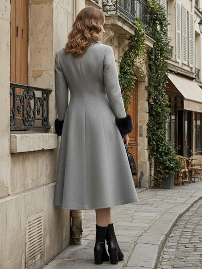 Wool Blend Double-breasted Midi Flared Coat with black Faux Fur Cuffs For Women 2026