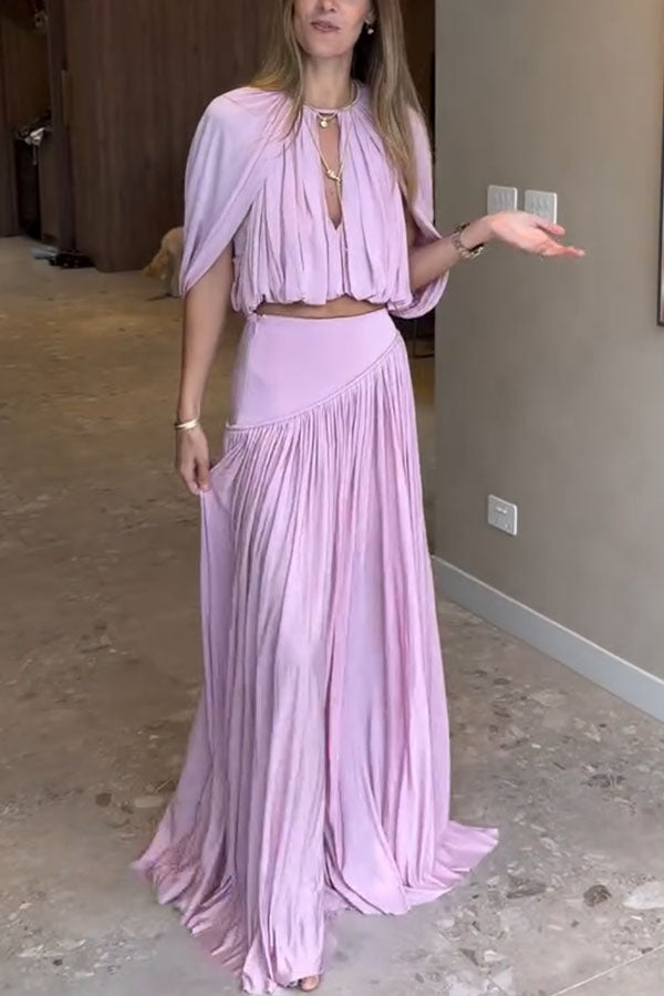 Venus Cutout Neck Slit Sleeve Crop Ruched Top and High Rise Pleated Maxi Skirt Set
