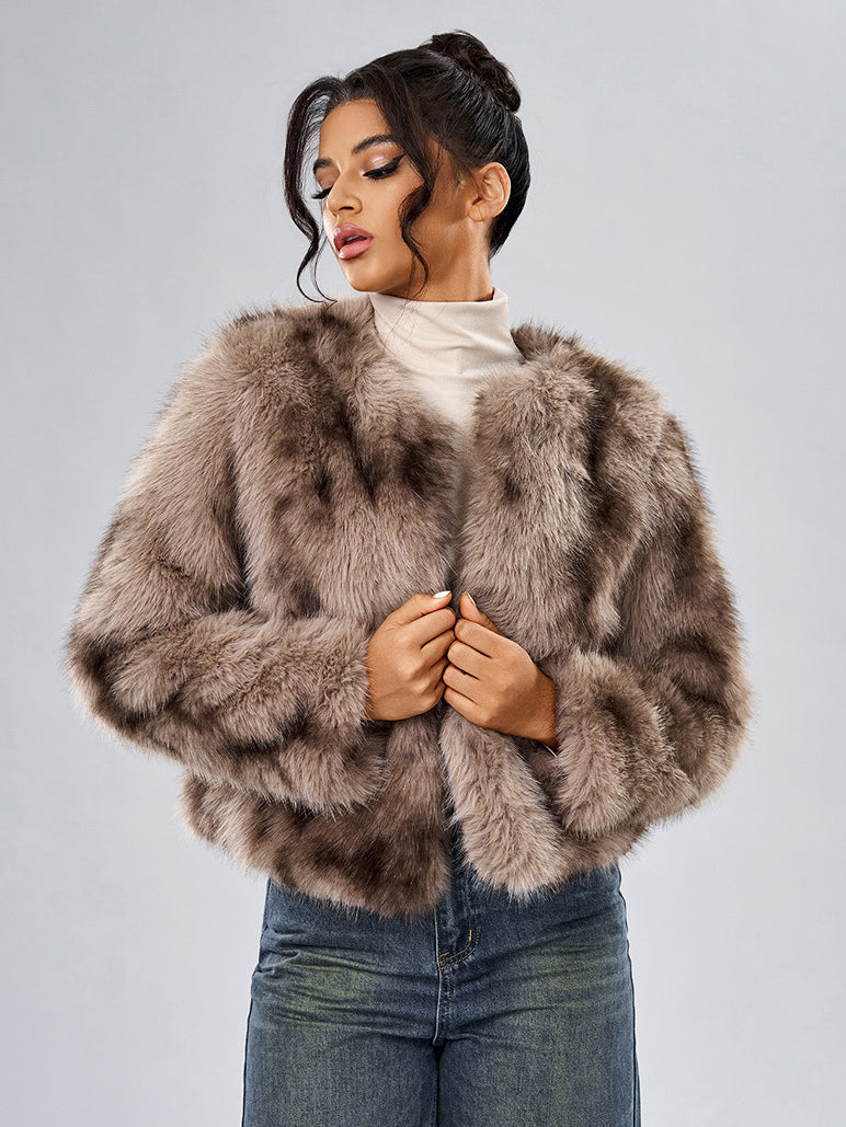 Faux Fur Coats Long Sleeves Casual Faux Fur Jacket Jewel Neck White Women Coat