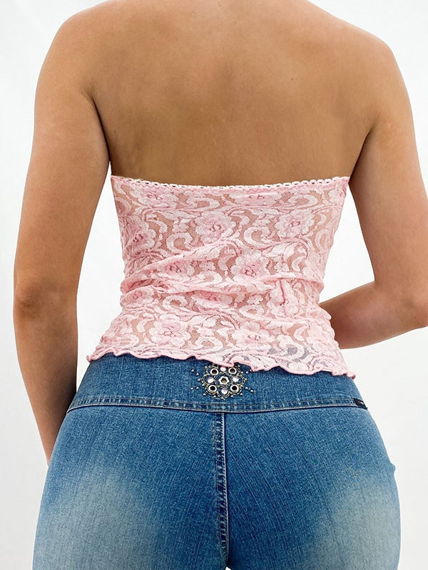 Lace Print Bow Decor Slim Bandeau Top