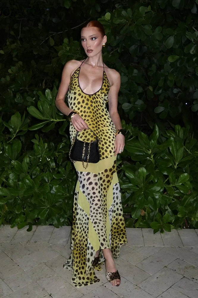 Print Halter Keyhole Cutout Paneled Maxi Dress