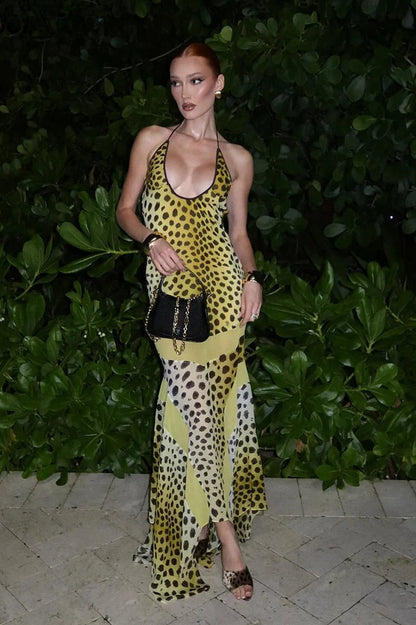 Print Halter Keyhole Cutout Paneled Maxi Dress