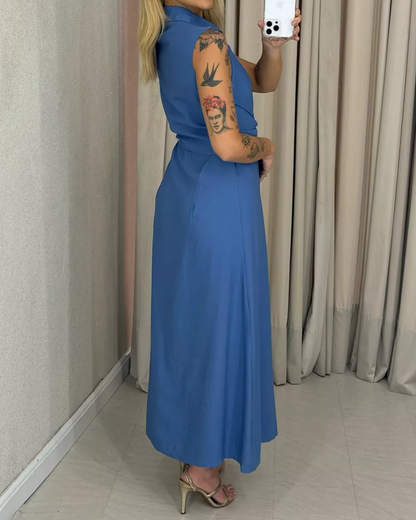 V-Neck Sleeveless Solid Color Waist Dres