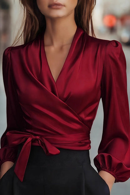 Satin V-neck Long-sleeved Casual Tie-waist Shirt
