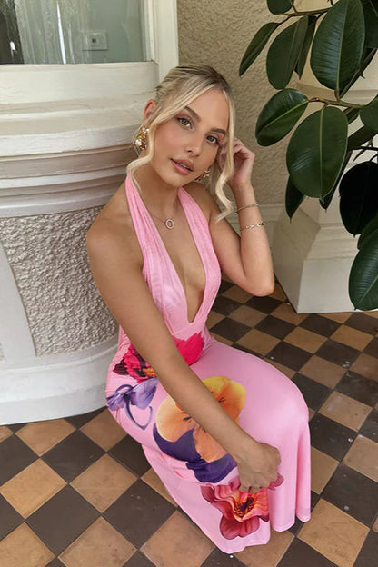 Floral Deep V Halter Bodycon Maxi Dress
