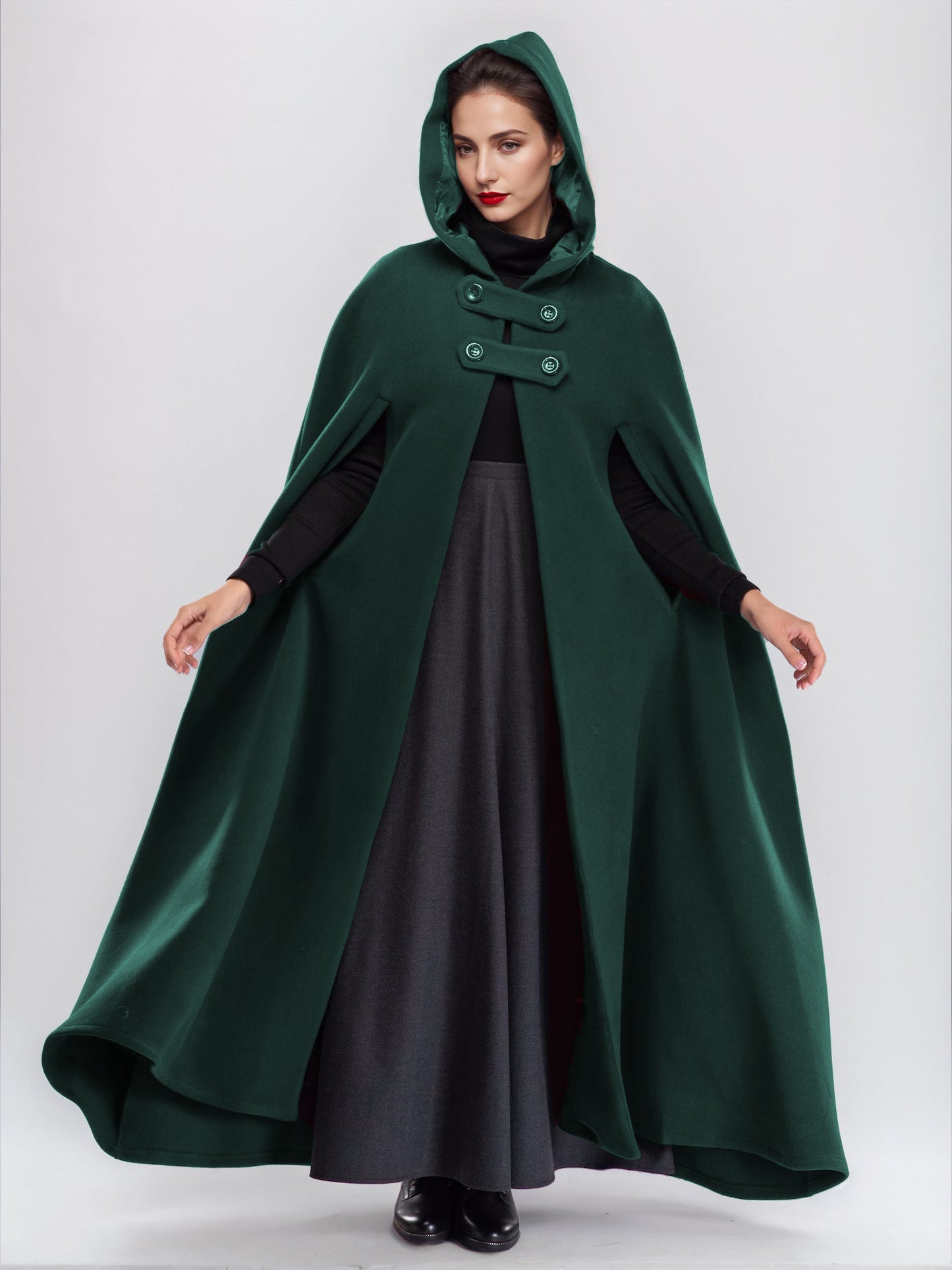 Wool Blend Maxi Cape Coat With Hooded Burgundy Full Length Poncho Oversized Outerwear For Women 2026