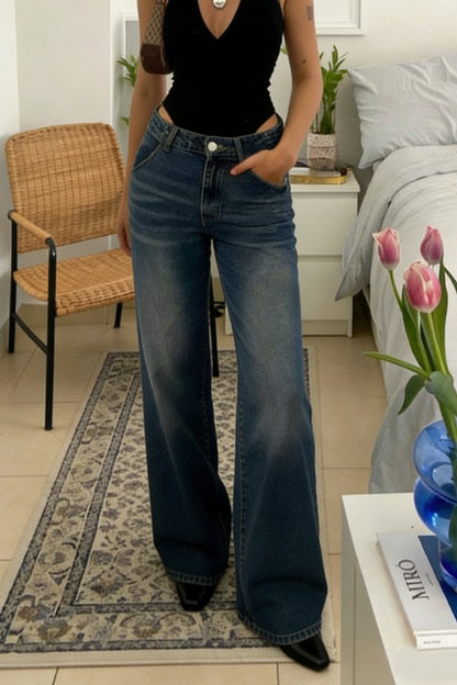 Stylish Pocket Casual Straight Wide Leg Women's Jeans