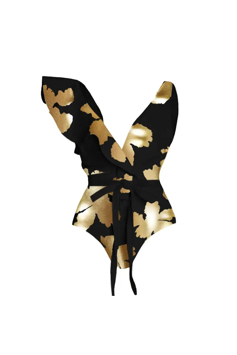 Foil Print Deep V Ruffle One Piece Swimsuit