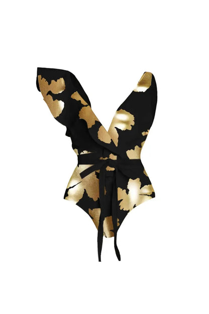 Foil Print Deep V Ruffle One Piece Swimsuit