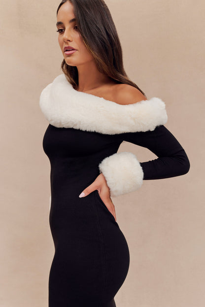 Dawn Faux Fur One Shoulder Slit Maxi Dress