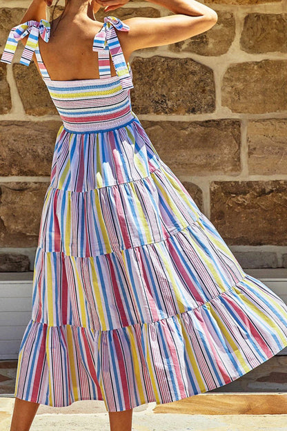 Multicolour Striped Print Smocked Lace Up Maxi Dress