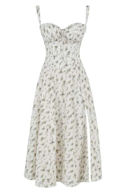 Floral Lace Up Back Spaghetti Strap Corset Fit and Flare Midi Dress