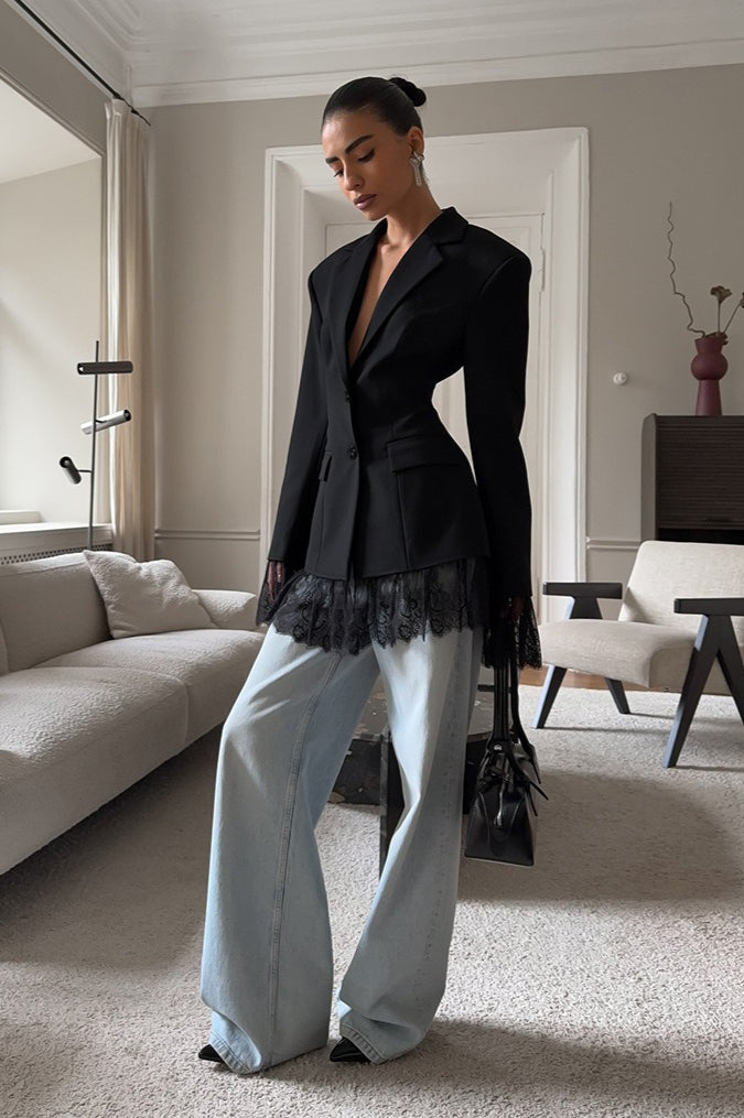 Black Lace Panel Blazer Jacket