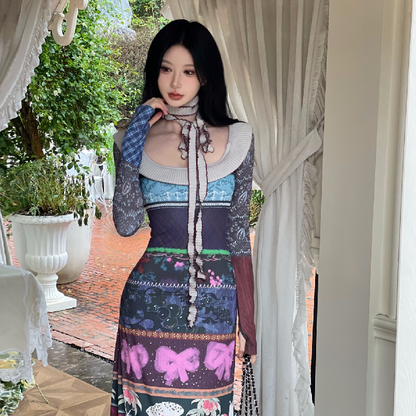 Long sleeve contrast bowknot print maxi dress
