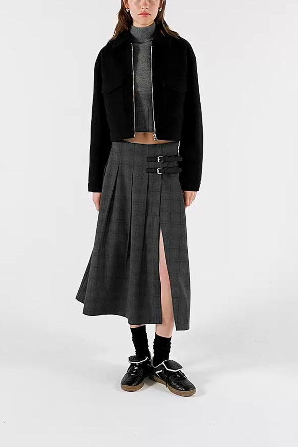 Box Pleat Midi Skirt with A Belt Detail