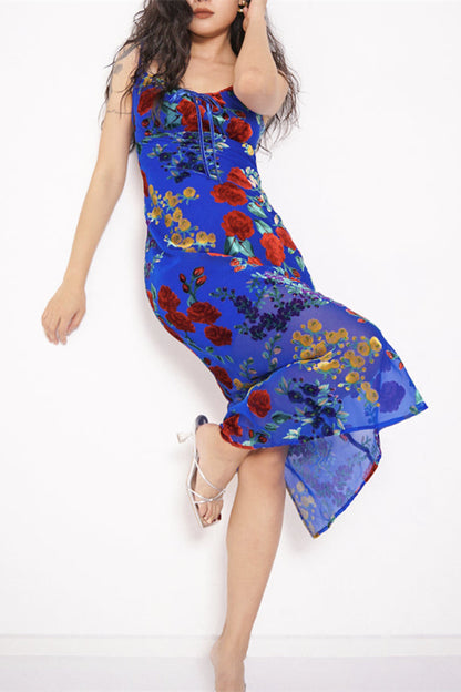 Julie Floral Velvet Burnout Backless Midi Dress