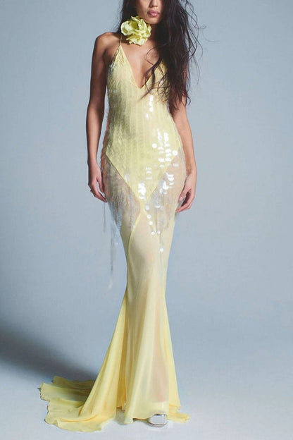 Deep V Neck Sequins Fishtail Hem Backless Gowns Slip Maxi Dresses-Yellow