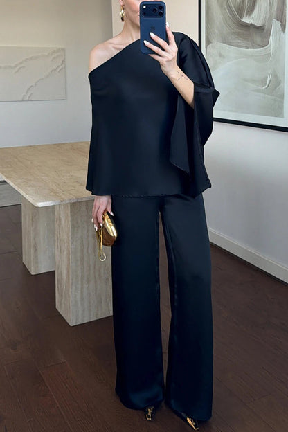 Arnell Satin One-Shoulder Cape Top and Elastic Waist Wide Leg Pants Set