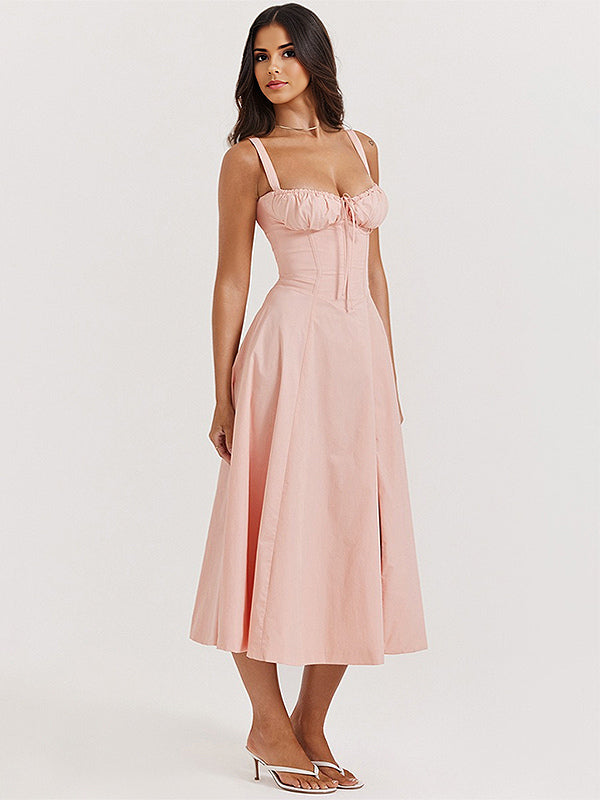 Soft Pink Summer Dress Sleeveless Straps Neck Cottagecore Lace Up Midi Dress For Women