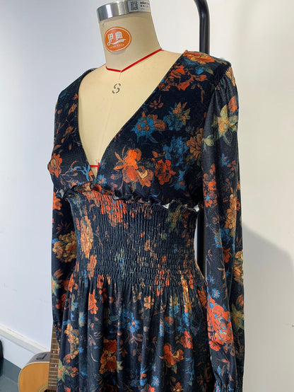 Vintage Smocked Waist V-Neck Long Sleeve Floral Print Mini Dress For Women 2026