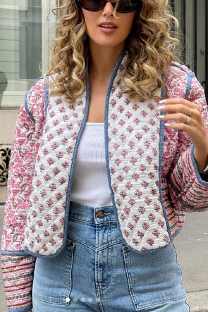 Printed Reversible Quilted Cardigan Jacket with Color Matching Small Cotton-padded Jacket