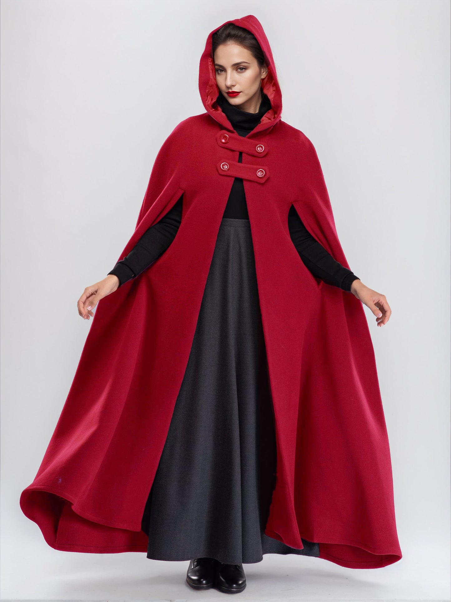 Wool Blend Maxi Cape Coat With Hooded Burgundy Full Length Poncho Oversized Outerwear For Women 2026