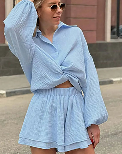 Blue Cotton Single Breasted Shorts Office Two Piece Set