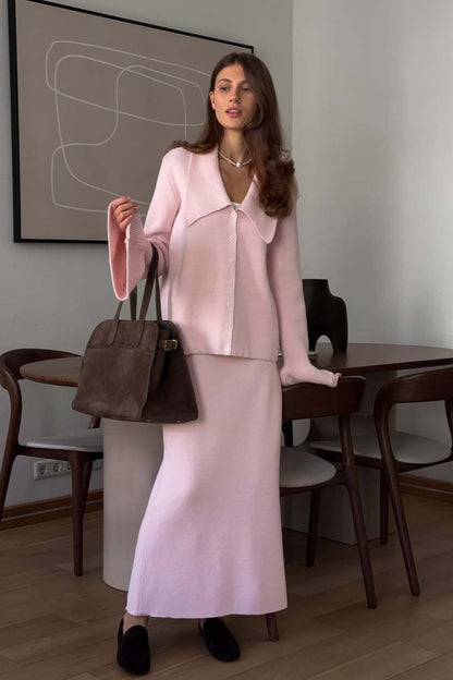 Bell-Sleeve Pink Polo Collar Cardigan Straight Skirt Two Piece Set