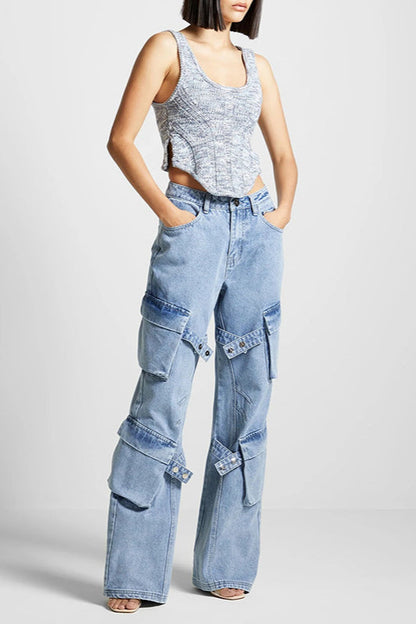 Vintage High Waist Pocket Detail Straight Leg Cargo Pant