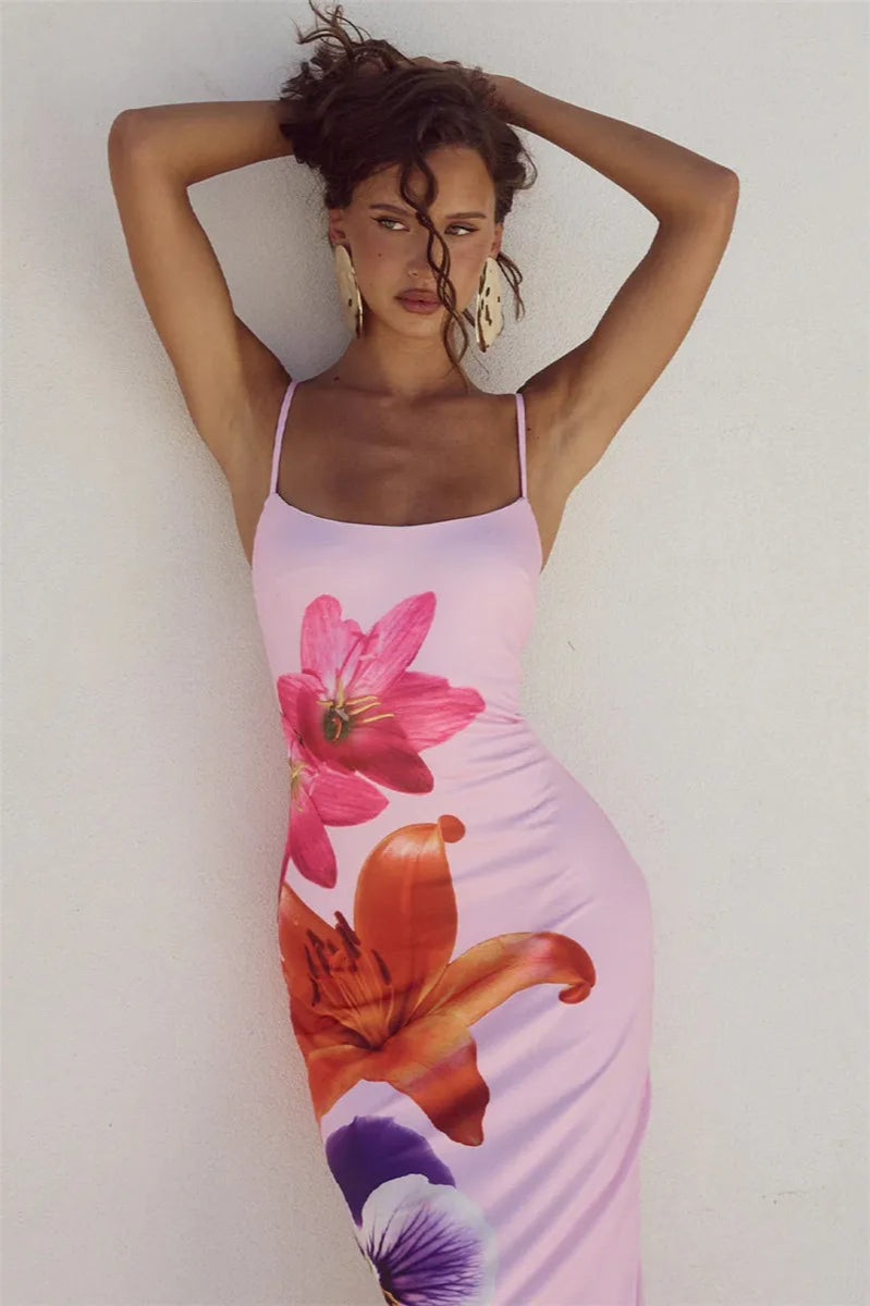 Spaghetti Strap Square Neck Oversized Lily Floral Print Bodycon Maxi Dress