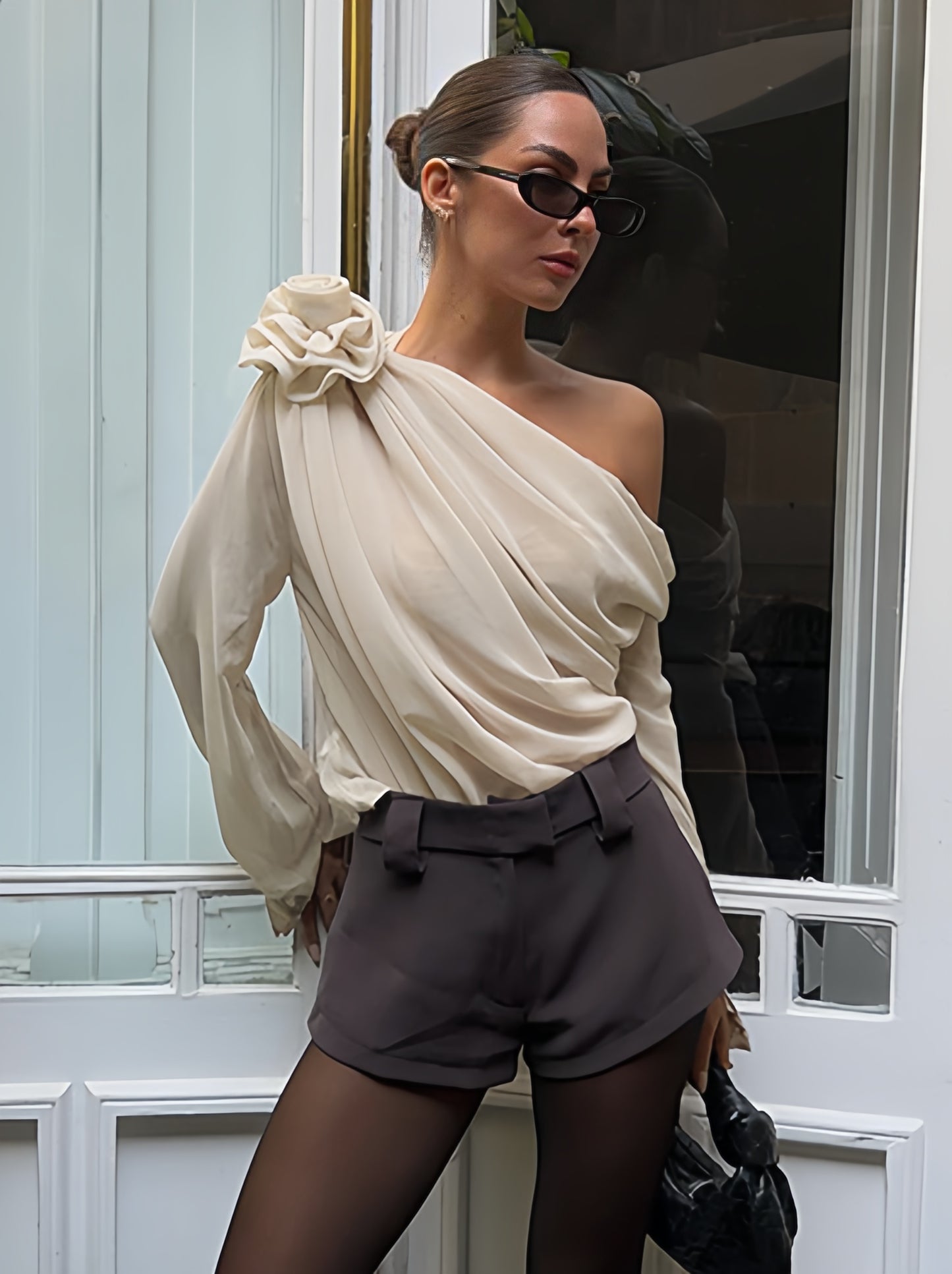 One Shoulder Tees Pleated Asymmetrical Shirt For Women