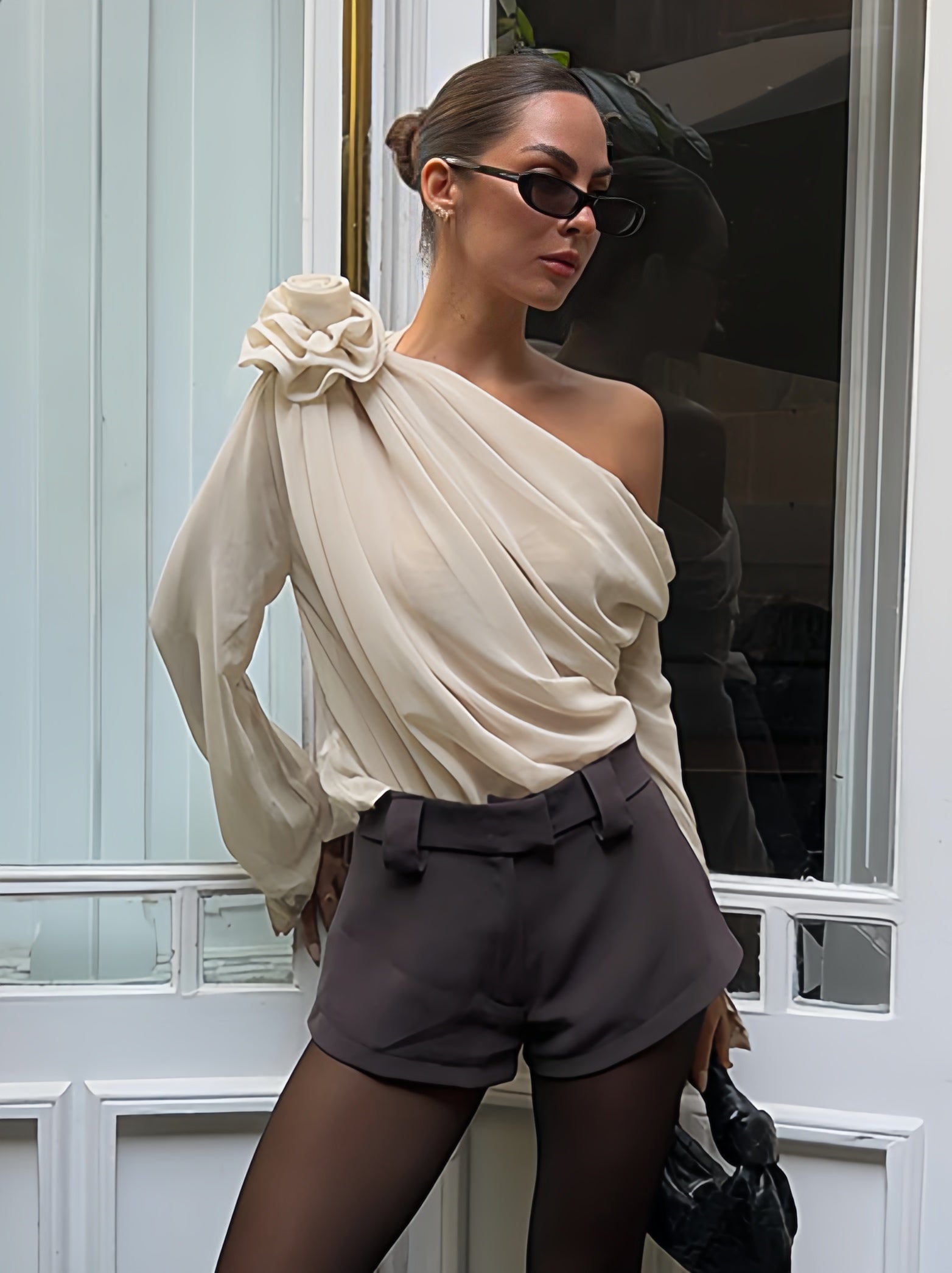 One Shoulder Tees Pleated Asymmetrical Shirt For Women