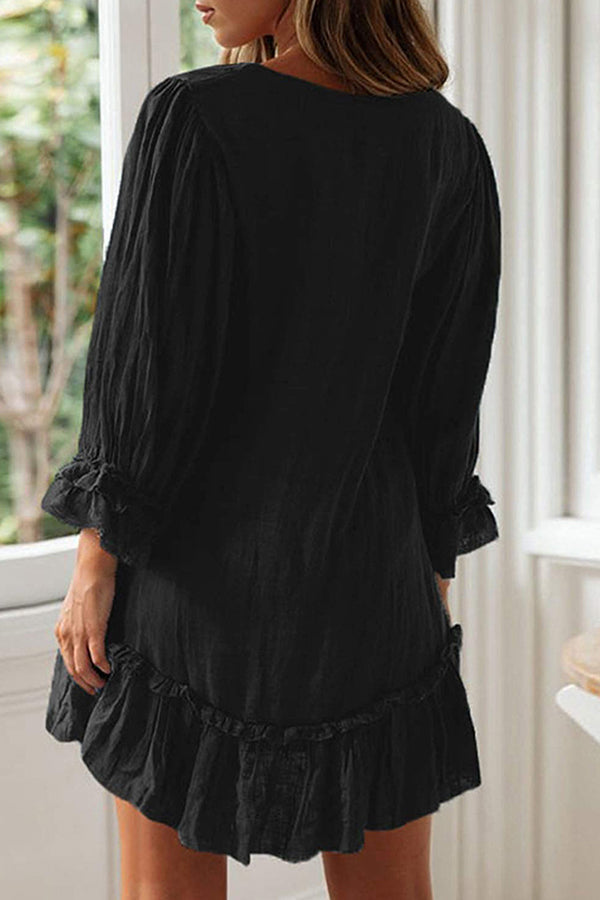 Loose Long Sleeve Ruffle Hem Cotton Linen Dress