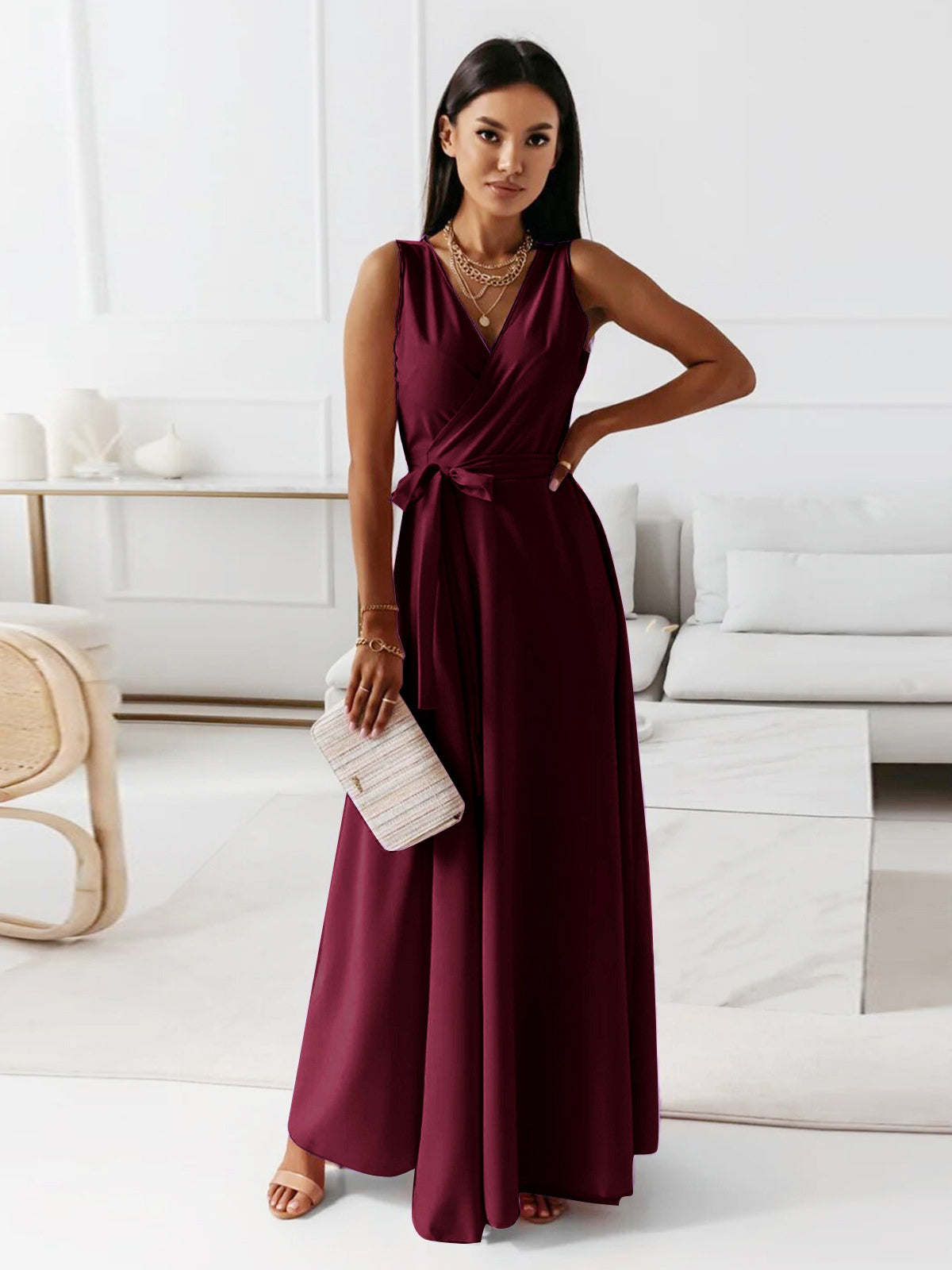 Soft Pink V-Neck Dresses Lace Up Sleeveless Layered Prom Maxi Dress 2026