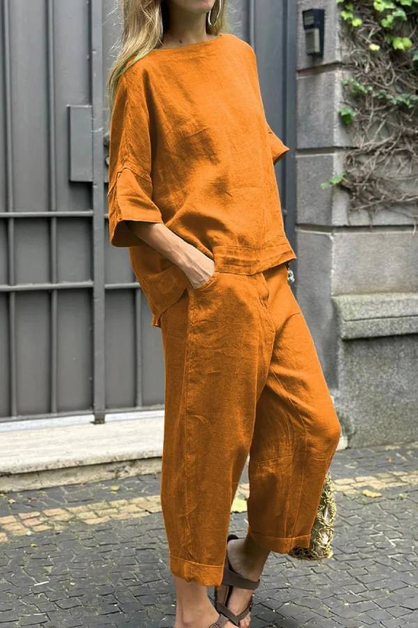 Casual Solid Color Crewneck Top & Pants Cotton Linen Two-piece Set