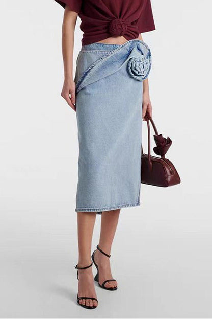 Vintage Ruched Rose Denim Skirt