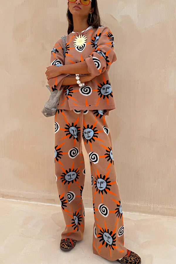 Mediterranean Art Knit Unique Sun Vortex Print Elastic Waist Wide Leg Pants