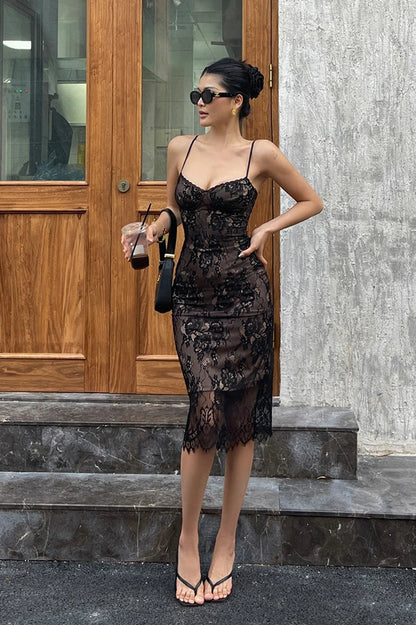 Floral Lace Sweetheart Scallop Trim Spaghetti Strap Bodycon Midi Dress