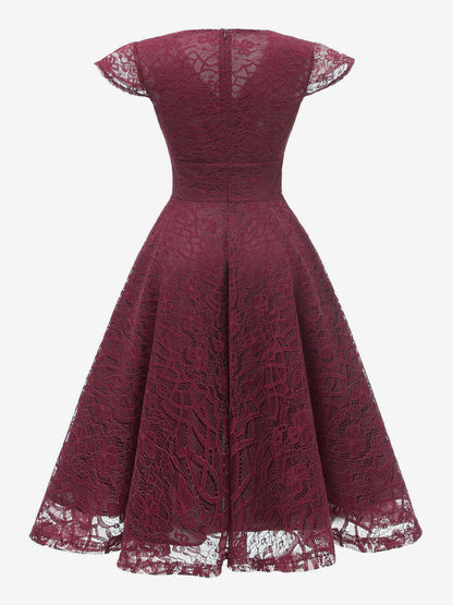Vintage 1950s Midi Lace Dress for Women - V Neck Cap Sleeve A-line Cocktail Prom Gown - Wedding Guest Wear 2026