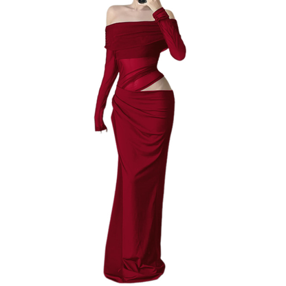 Long sleeve off shoulder mesh hollow out cut out maxi dress