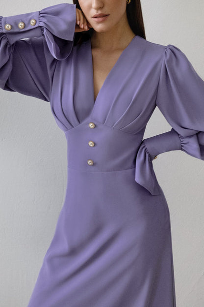 Vintage Lantern Sleeve V-Neck Bodycon Maxi Dress