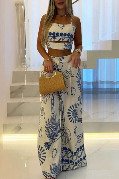 Elegant And Unique Ethnic Print Suspender Top And Wide-Leg Pants Set