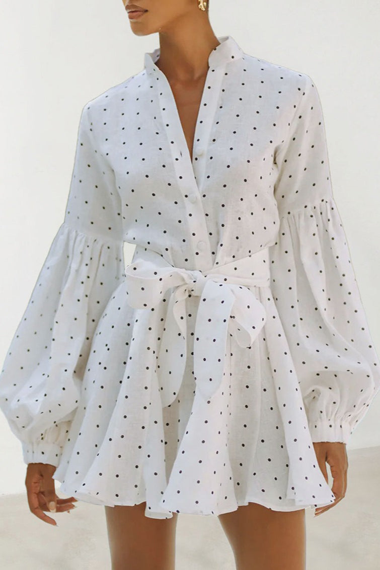 Polka Dot Mandarin Collar Button Front Lantern Sleeve Belted Mini Dress