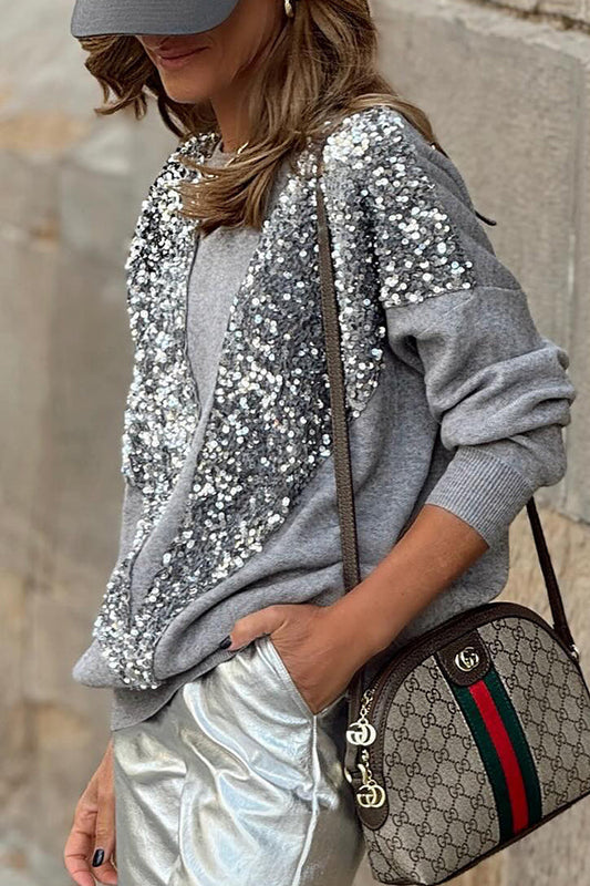 V-shaped sequined embellished pullover sweatshirt top