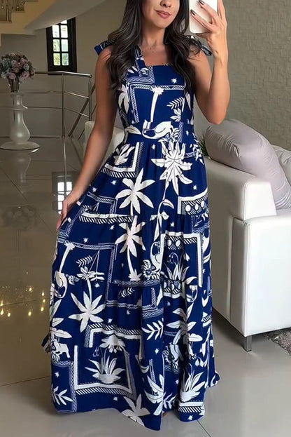 Botanical Print Suspender Tie Back Pleated Holiday Maxi Dress