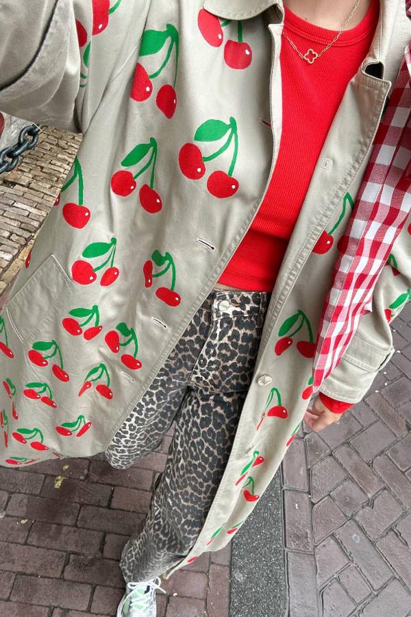 Fashion Fruit Print Long Coat Cherry Trench Coat