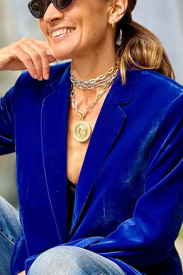 Blue Gold Velvet Lapel Blazer