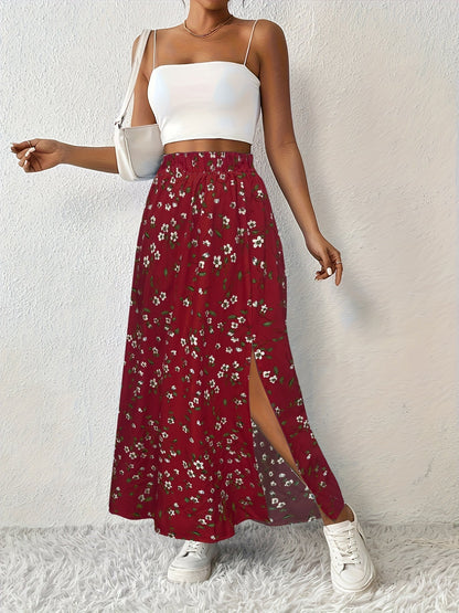 Women's High-Waisted Floral Maxi Skirt – Lightweight Side Slit