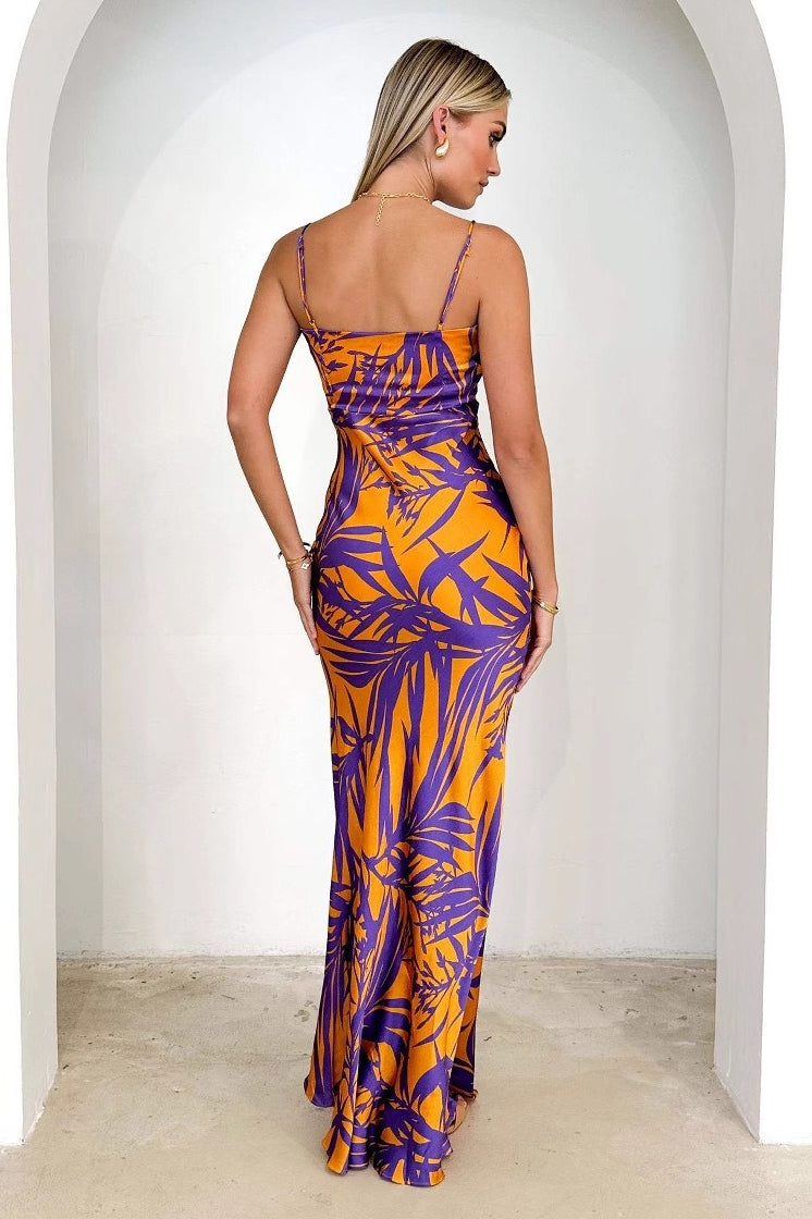 Sexy Purple Floral Print V-neck Slim Maxi Dress